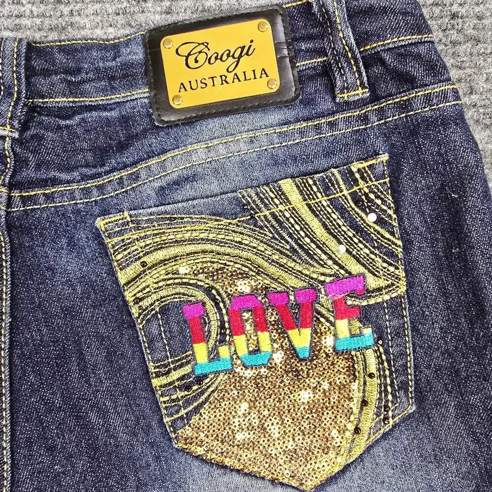 COOGI Jeans Womens 13/14 31x32 Blue Straight Leg Sequin LOVE Y2K Embellished